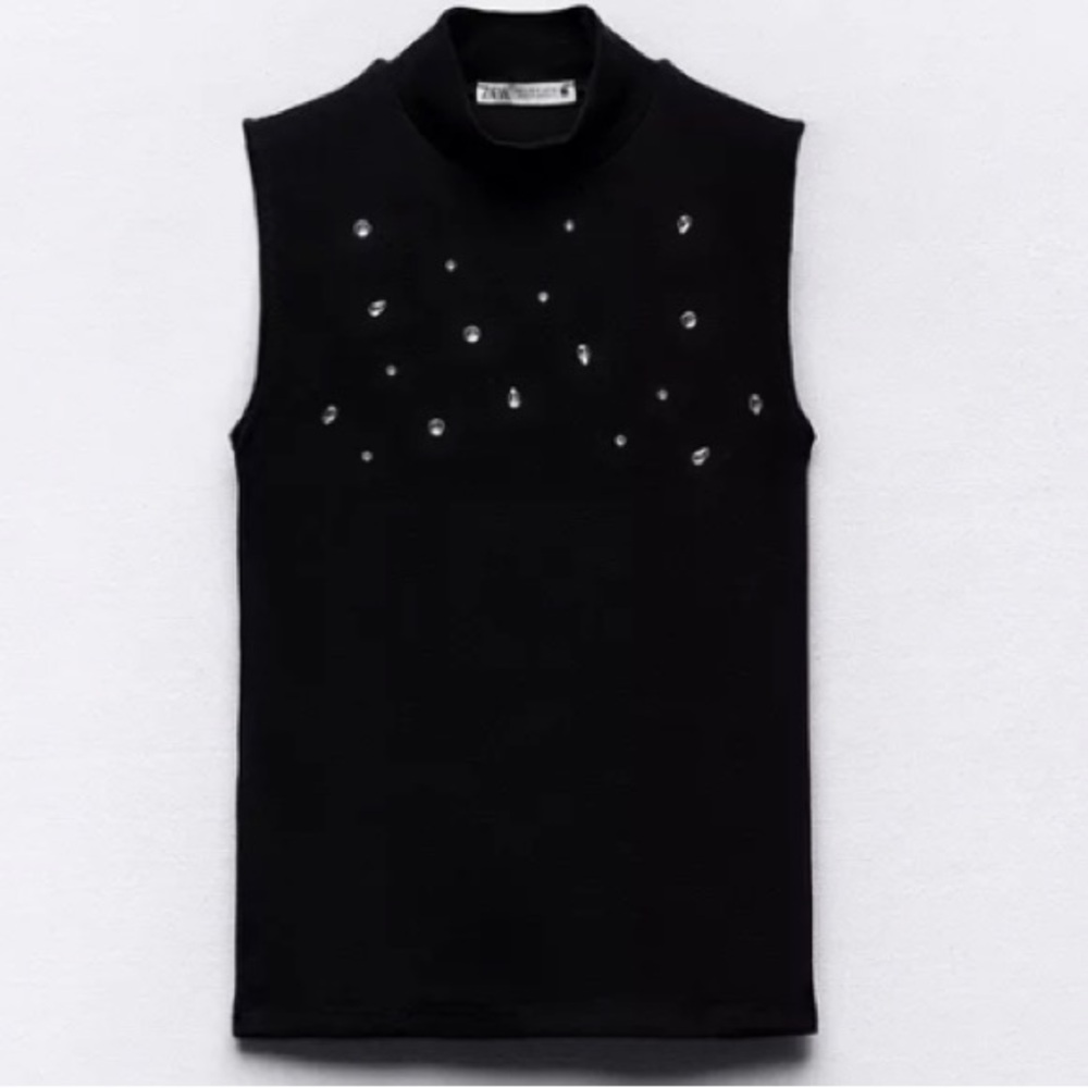NWT Zara Shimmer Mock Turtleneck Top w/ jewel embellishment sz M Black